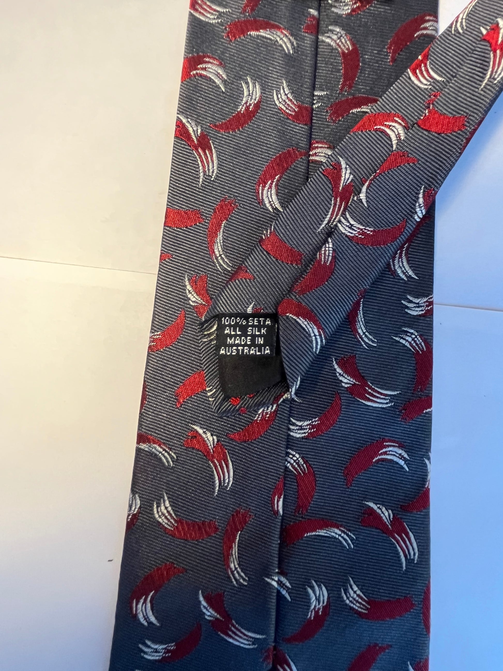 Red white and grey patterned tie Made in Australia